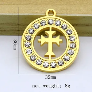 Golden micro-pave cross pendant 32x36mm for necklaces and keychains weighing 8g