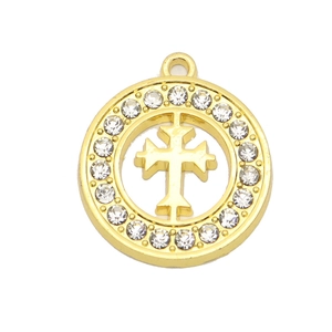 Golden round cross pendant with sparkling crystal halo on a clean white background