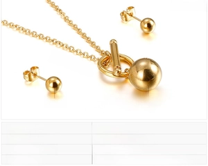 Detailed dimensions of gold stainless steel ball pendant necklace and stud earring set