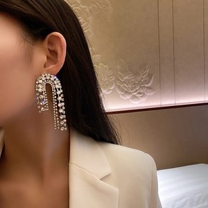 Elegant silver tassel earrings with sparkling rhinestones worn by a fashion model