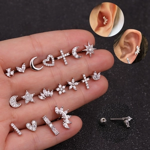 Stainless Steel Ear Cartilage Stud Earrings With Cubic Zirconia Heart Star Moon Piercing Jewelry Screw Back Ball