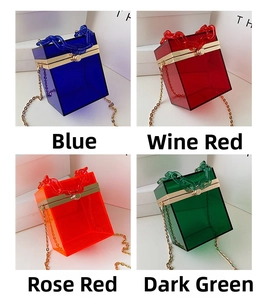 Collage of transparent acrylic box bags in blue, burgundy, rose pink and dark green
