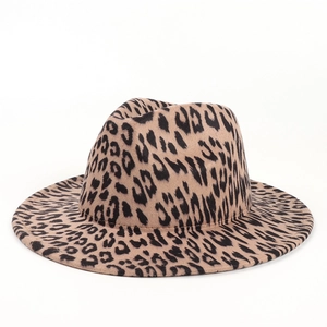 Close-up of leopard print fedora hat with wide flat brim and classic wool felt texture