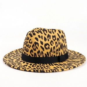 Detailed view of leopard print fedora hat with black ribbon band and wide brim texture