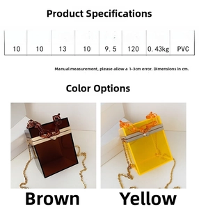 Detailed size specifications chart for transparent acrylic box bag with chain strap