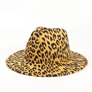 Close-up of leopard print wool fedora hat with wide flat brim and teardrop crown