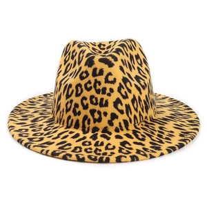 Fashionable leopard print wool felt fedora with a wide flat brim and classic crown design