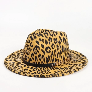 Fashionable leopard print wool fedora with wide brim and decorative gold chain band
