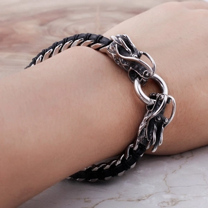 Retro punk dragon head woven leather bracelet in antique silver and black finish for men