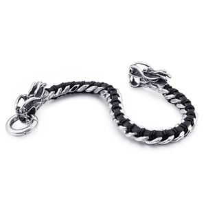 Retro stainless steel dragon head bracelet with black braided leather band for men