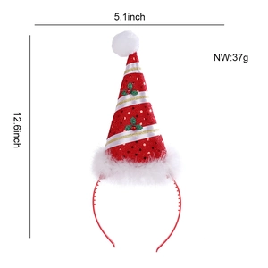 Detail view of red sequin Christmas hat headband with precise dimensions and weight info