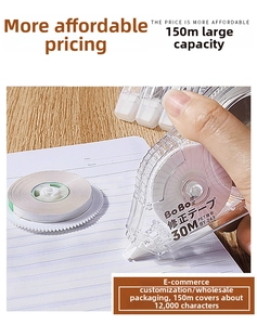 Close-up of 150m high-capacity white PET correction tape used on notebook paper