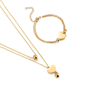 Collier Et Bracelet En Acier Inoxydable À Double Couche Avec Cœur Plaqué Or 18K Bijoux De Mode Pour Femmes