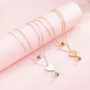 Colliers double rang en acier inoxydable avec pendentifs cœur, plaqués or 18 carats et argent