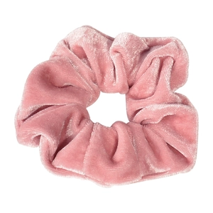Pink velvet scrunchie detail view, soft plush hair accessory for daily casual hair styling.