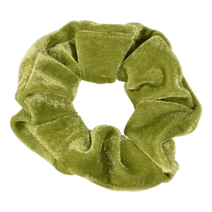 Green velvet scrunchie detail view, soft touch classic hair tie for daily hairstyles.