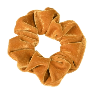 Golden velvet scrunchie hair tie, elegant solid color hair accessory for daily ponytail styling.