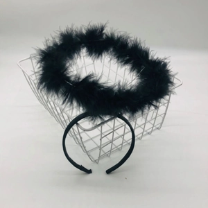 Detail shot of a black feather halo headband for Halloween and cosplay parties