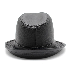 Black vintage PU leather fedora hat with litchi texture and minimalist jazz style for men