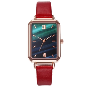 Elegant women's square quartz watch with malachite green dial and red leather strap