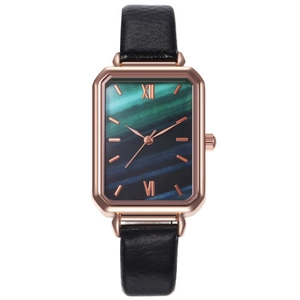 Women Quartz Watch Rectangular Rose Gold Alloy Case Malachite Texture Dial Faux Leather Strap Vintage Casual Style