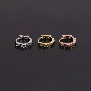 Detailed view of geometric zircon hoop earrings in silver, gold, and rose gold finishes