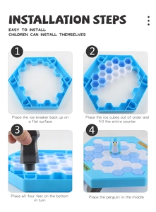 Detailed four-step assembly guide for the Save the Penguin ice breaking tabletop game