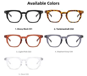 Detailed grid of geometric eyeglass frames in black, tortoise, pink, gray and transparent