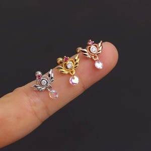 Three winged stainless steel piercing earrings with colorful zircons in silver, gold, rose gold