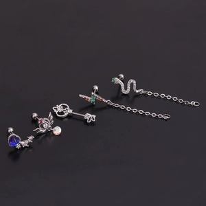 Stainless steel piercing earrings with colorful zircon heart, snake, and lightning charms