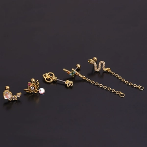 Detailed set of five gold stainless steel stud earrings with colorful zircon gemstones