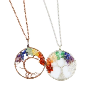 Handmade life tree necklace with seven chakra natural stone crystals in two metal finishes
