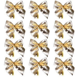 Set of twelve shiny golden decorative Christmas bows in a neat grid display