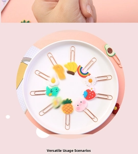 Detailed view of assorted creative cartoon silicone bookmarks with rose gold metal clips