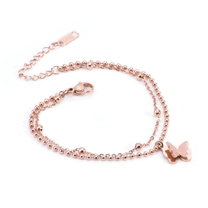 Bracelet double couche en acier inoxydable or rose 18k avec pendentif papillon