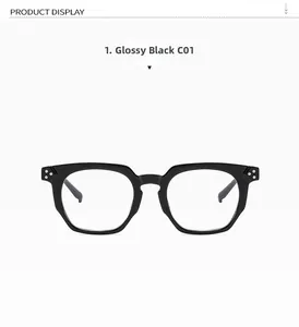 Detail of classic black full-rim eyewear frame with triple metal rivet accents
