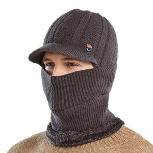 Men's dark grey winter knit hat with integrated face mask, earflaps, and fleece lining