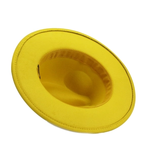 Lemon yellow wool felt fedora hat featuring wide brim and internal sweatband detail