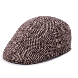Men Flat Cap Vintage Newsboy Hat Polyester Wool Blend Plaid Herringbone Pattern Warm Outdoor Autumn Winter Accessories
