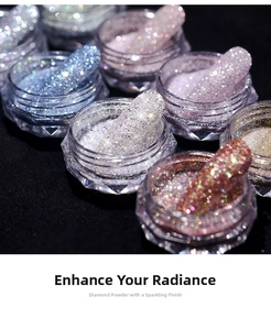 Macro shot of colorful glitter powder sets in diamond-cut jars for professional nail art