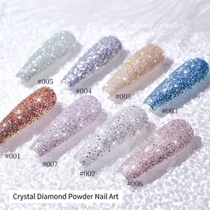 Eight shades of sparkling crystal diamond nail powder displayed on professional nail tips