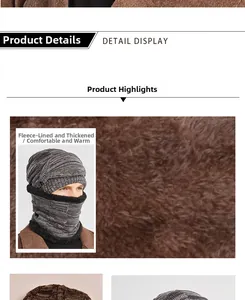 Detail of winter knit hat and neck warmer with thick brown faux fur fleece lining