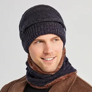 Men's winter thick knit hat and neck warmer scarf set with warm brown fleece lining