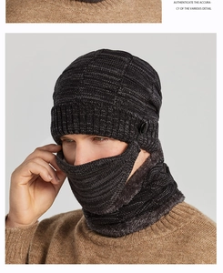 Detail of gray knitted hat set showing the thick fleece lining and warm thermal texture