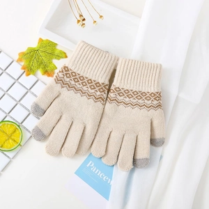 Gants en tricot beige tactiles avec motif ondulé marron pour un hiver au chaud
