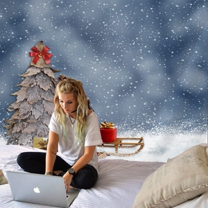 Christmas tapestry with blue night sky, snowflakes, and festive tree for wall decor