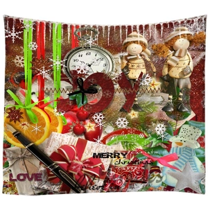 Christmas tapestry decoration with red JOY letters and vintage winter holiday elements