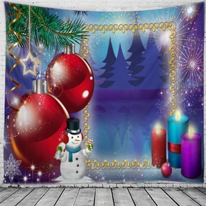Detail of Christmas wall tapestry featuring a snowman, candles, and festive holiday ornaments