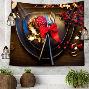 Detail of Christmas tapestry featuring festive dinnerware, pine cones and warm fairy lights