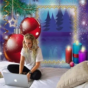 Close-up of Christmas tapestry fabric showing pine branches and red baubles on wall